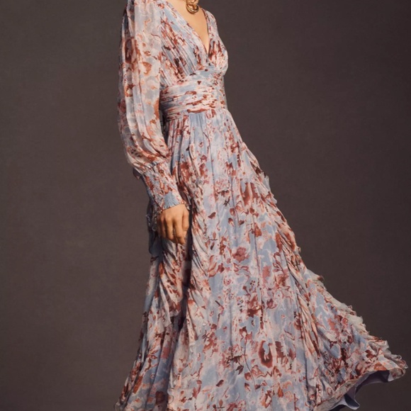 BHLDN V-Neck Long-Sleeve Printed Chiffon Gown 💕💕 - Picture 2 of 5